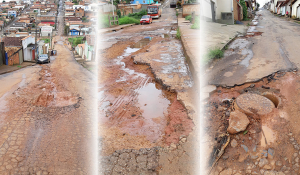 Buracos, crateras e vias danificadas em praticamente todos os bairros da cidade.