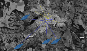 No gráfico acima redes de energia interligando Fazenda Solar até a Subestação da CEMIG, que depois é distribuída( linha amarela ) até as casas e empresas da cidade.